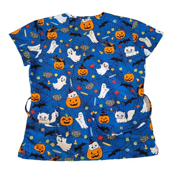 Halloween Scrub Top faux wrap tie back kittens jack o lanterns ghosts size Large - Picture 2 of 6